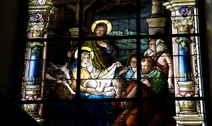 Nativity scene on stained glass window